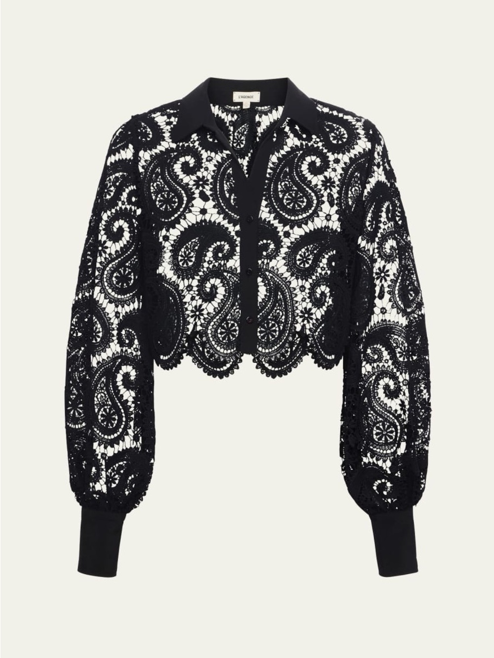L’agence Black Lace Cropped Button-Up Blouse XS - Picture 2 of 6